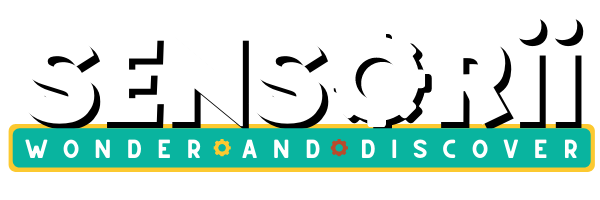 Sensorii (pronounced Sensory, spelt with 2 i's) logo with cogwheel replacing the "O" in Sensorii. With Sensorii's slogan "wonder and discover", in fornt of a green, rounded box in bold outline of yellow. With 2 cogwheels (one yellow and red) in between