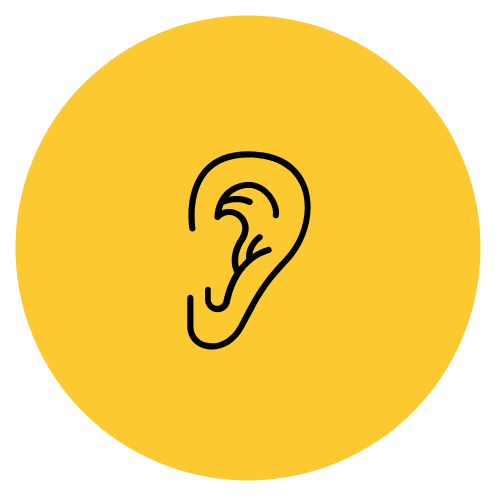 Sensorii's ear shop all, ear icon - yellow circle with black outline of an ear