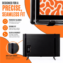 TV screen protector with anti-slip straps on an orange and white background