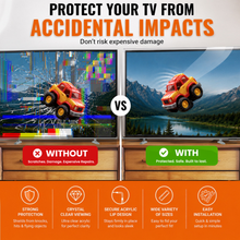 Advertisement showing a TV with and without a protective screen, highlighting benefits of screen protection.