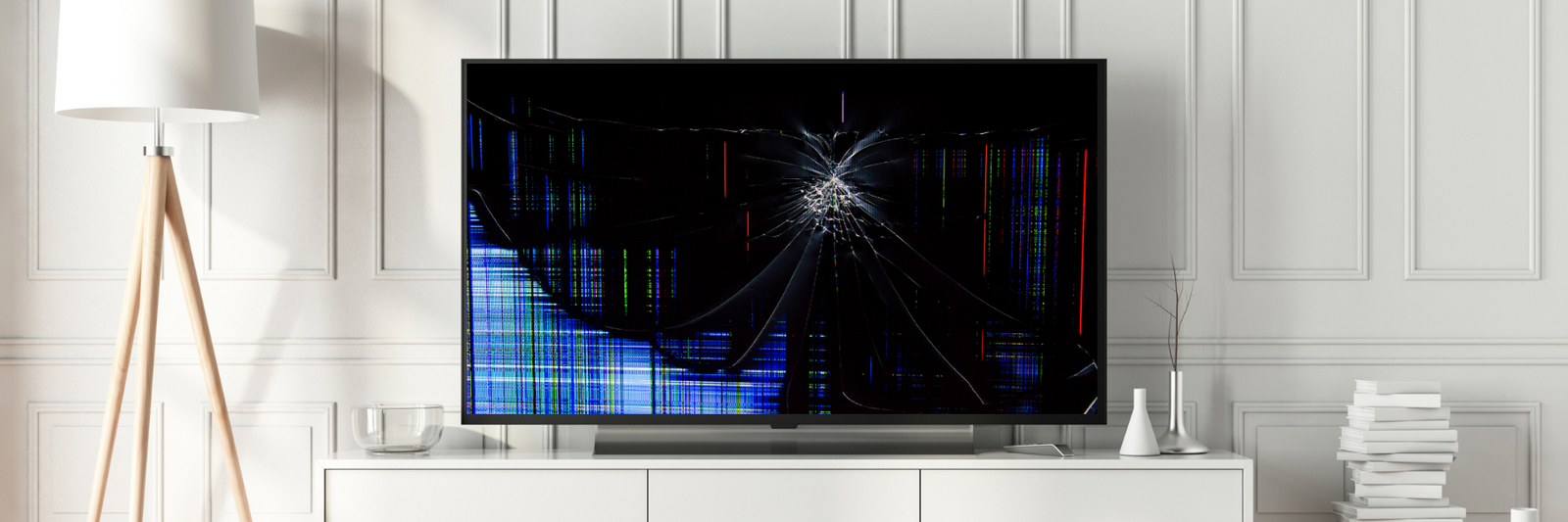 Broken flat screen large  TV screen in a white and clean living room