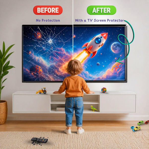 Before and after comparison of a TV with and without a Sensorii screen protector